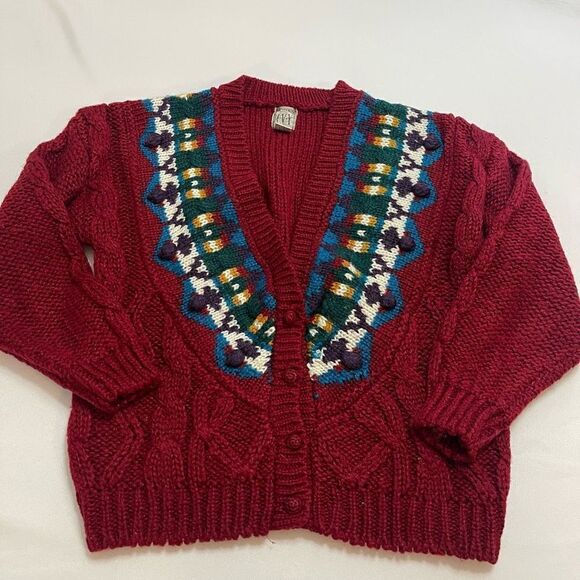 Ivy Hand Knit Maroon VTG Hand Knit Sweater Cardigan Size Large - Picture 1 of 9